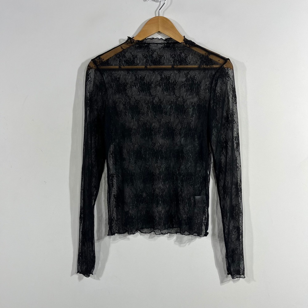 Serra Witchy Whimsigoth Black Floral Lace Sheer Mesh Mock Neck Boho Top Medium